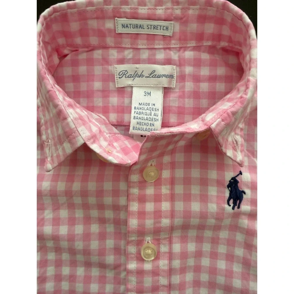Ralph Lauren Baby Gingham Poplin Shirt Size  3 Months Pink Cotton‎ Button Down